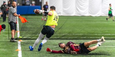 Someone takes a dive in our Saturday men's touch football league, 