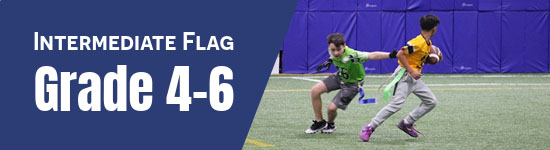 Grade 4, grade 5, and grade 6 aged flag football players chasing each other